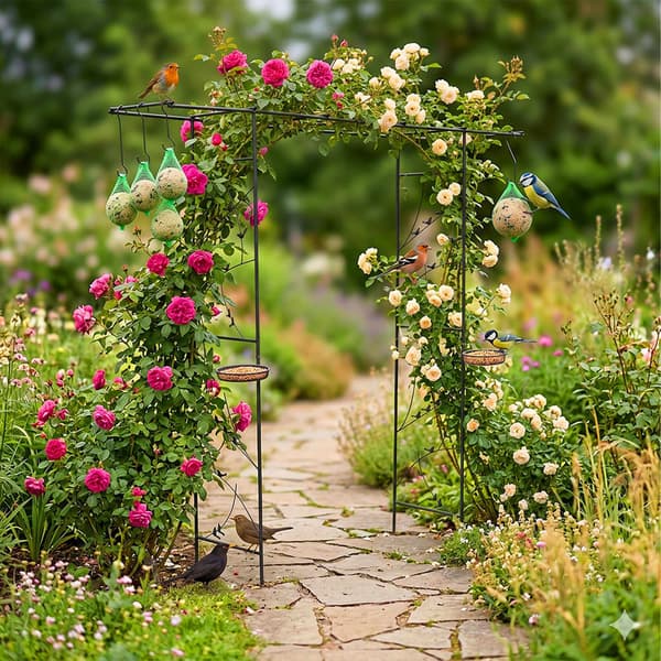 Rosenbue-espalier til haven – Fuglebad og foderstationer