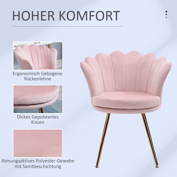 Fåtölj Vardagsrum Relax Stol Lounge Stol med Lotusformad Design Stoppad Stol med Metallben Sammetslook Enkelstol för Sovrum Rosa Aosom