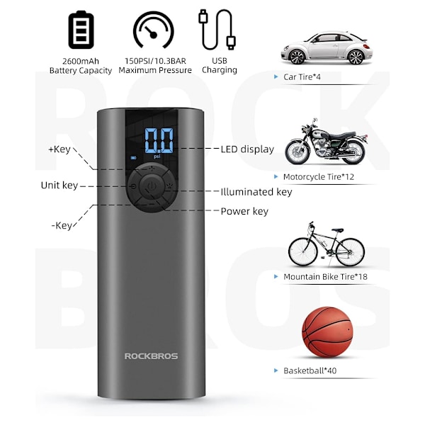 Sähköpumppu polkupyörän moottori autopallo 10 bar LED-näytöllä + USB-C kaapeli, musta