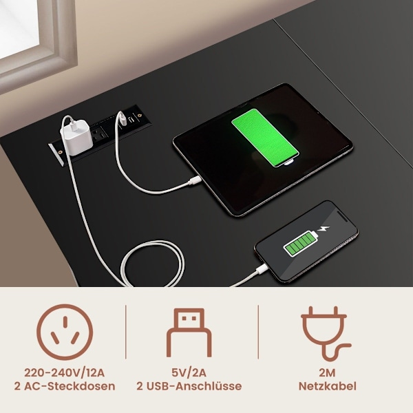 Skrivebord L-Shape hjørne skrivebord med stikkontakter &amp; USB-porte 120 x 120 x 75 cm sort
