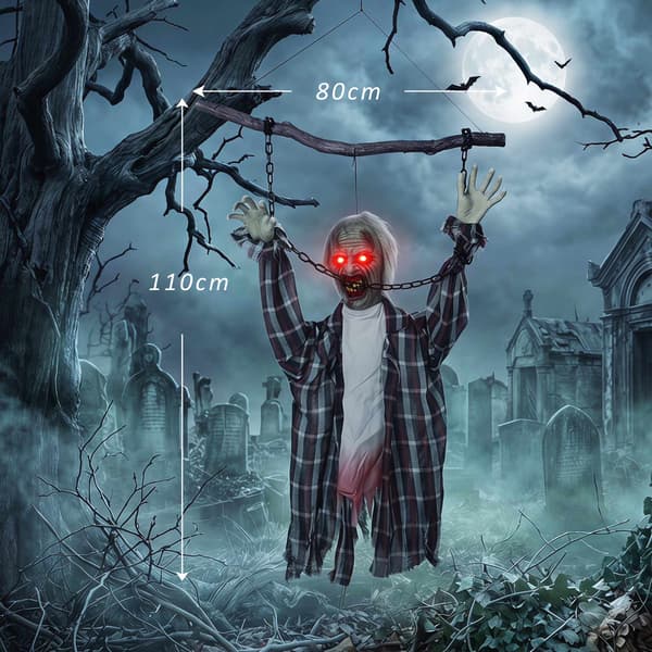 Animerad hängande zombie-halloweendekoration, 110 cm, röda LED-ögon
