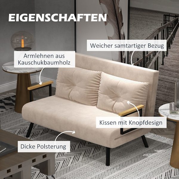 Sovesofa, Afslapningsstol Med Sengefunktion, Foldesofa Med Fløjlslook, Rygpude, Polstret Sofa Med Justerbart Ryglæn, Beige, 102 X 73 X 81 Cm