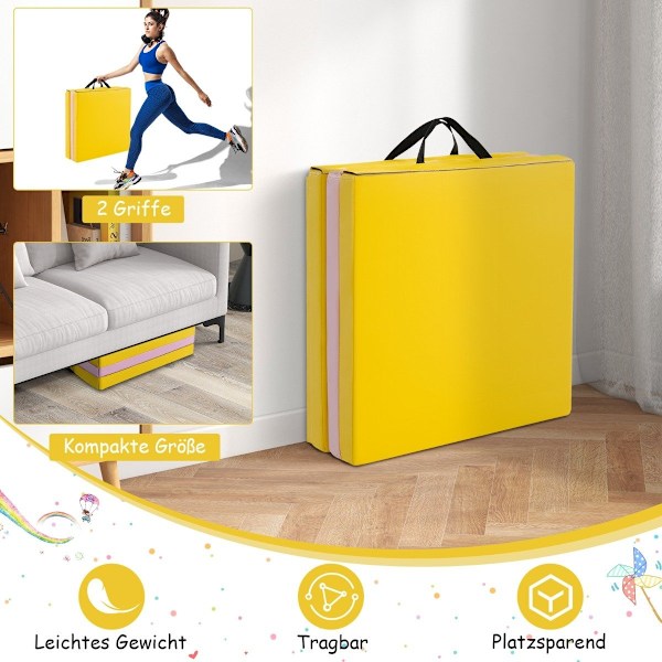Taitettava pehmeä lattiamatto 2 kahvalla liukumaton voimistelumatto 180 x 60 x 5 cm vaaleanpunainen + keltainen