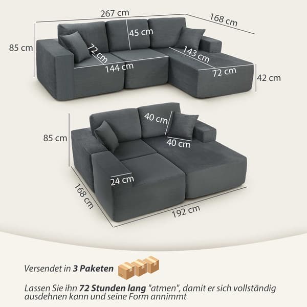 Modulär L-formad bäddsoffa, djup sits, manchester, mörkgrå