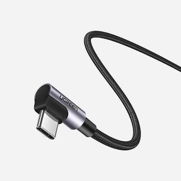 Vinklet kabel med side USB-C til USB-C Quick Charge stik 1m - grå