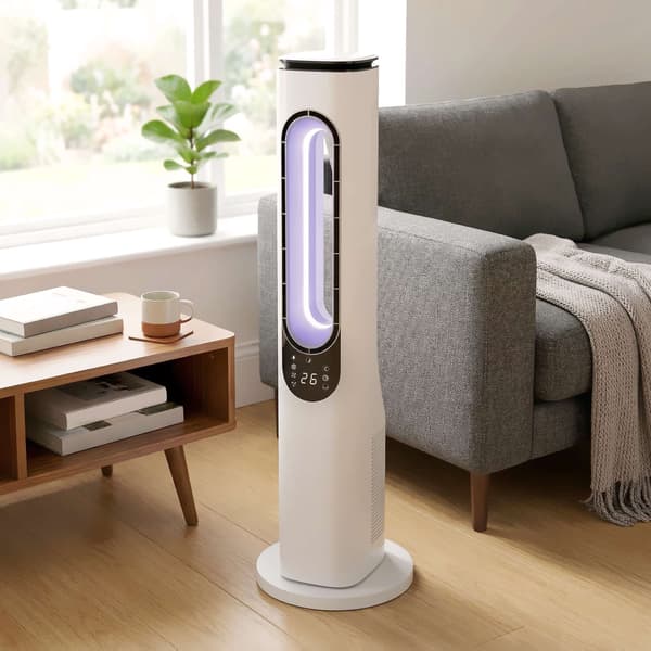 Bladløs tårnventilator med 15-timers timer, støjsvag 35 dB, hvid