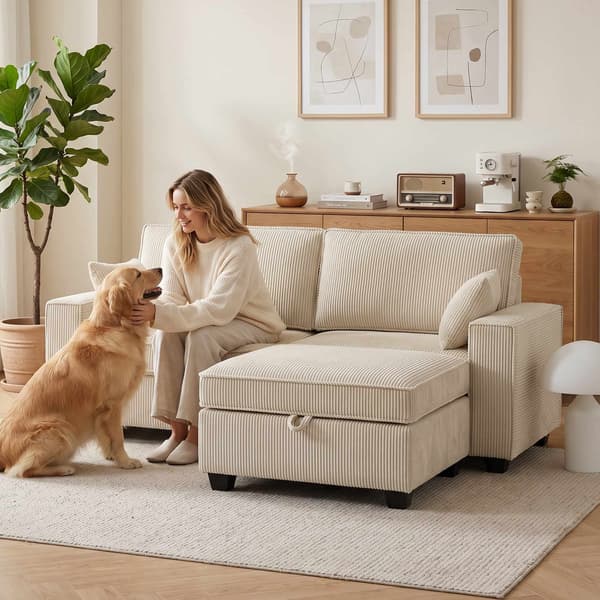 L-formad sladdsoffa med vändbar förvaringsfotpall, beige