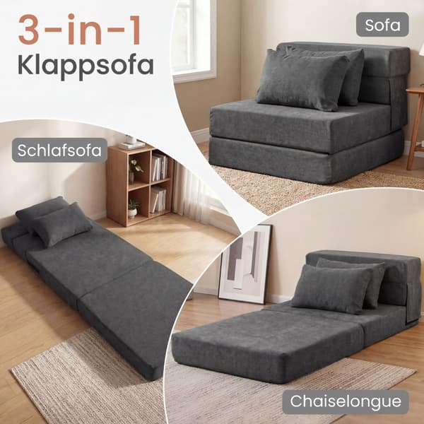 Konvertibel 3-i-1 Chenille bäddsoffa med 2 kuddar, grå