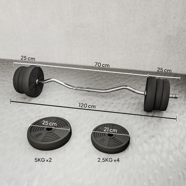Curl skivstångsset 25 kg med 6 viktskivor, halkfritt grepp, PVC-belagd, svart