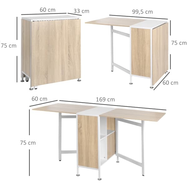 Hopfällbart matbord med hyllor, ek och vit, 169x60x75 cm