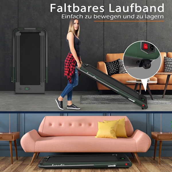2-i-1 hopfällbart löpband med APP och fjärrkontroll Mobiltelefonhållare LED-display och högtalare grön