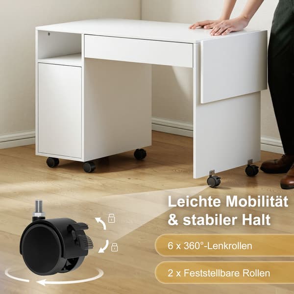 Hopfällbart datorbord med skåp och låda, vit
