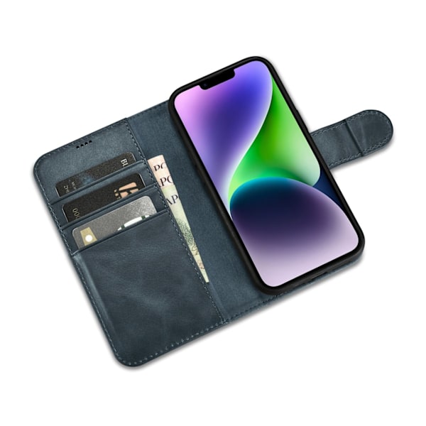 2-i-1 læder Flip Cover iPhone 14 Anti-RFID olievoks pung etui Blå