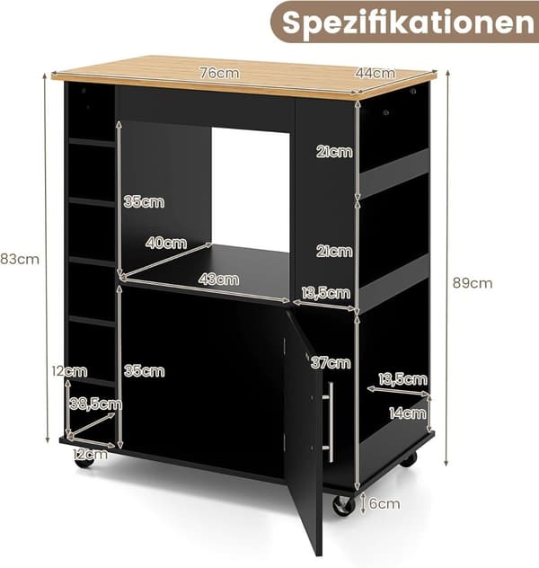 Køkkenvogn med bambustop, krydderihylde, håndklædeholder
