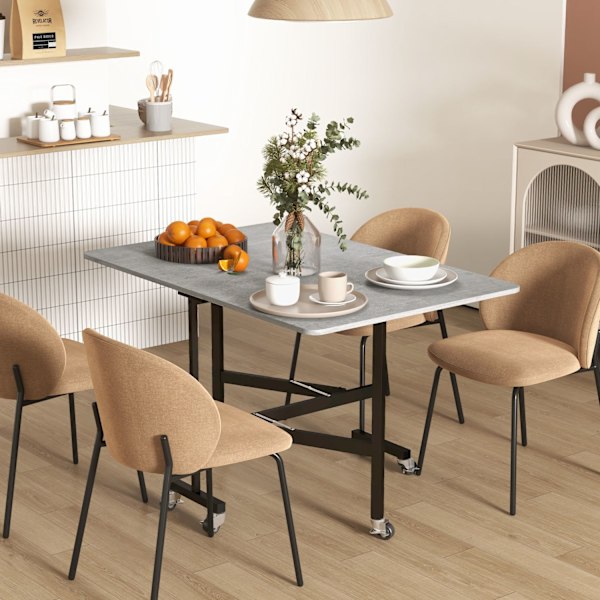 Matbord, fällbart köksbord med hjul, stålben, hopfällbart bord för 4-6 personer, matsalsbord, 52,5-120 x 80 x 73 cm