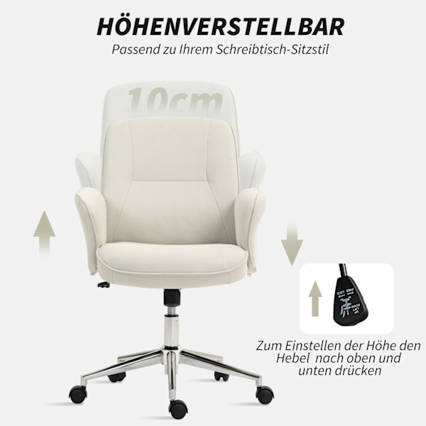 Kontorstol med vippefunktion, skrivebordsstol, højdejusterbar drejestol, ergonomisk arbejdsstol, moderne, kan holde op til 120 kg, mikrofiber, cremehv