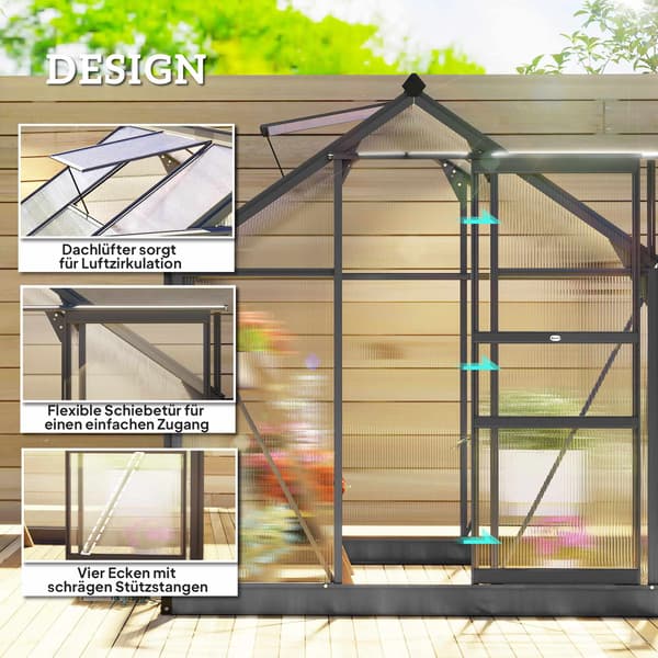 Växthus 3,65 m², aluminiumram, UV-resistenta paneler