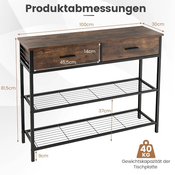 100 cm konsolbord med 2 skuffer 3 plan gangbord lavet af træ sidebord med metalstel rustik brun