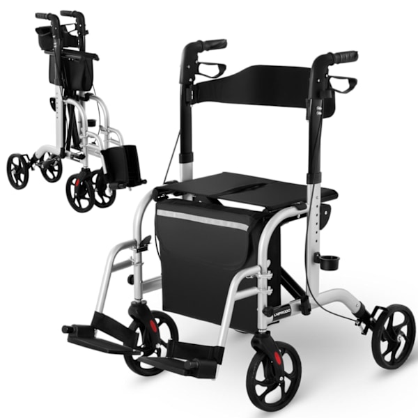 2-i-1 rehabiliteringsrollator med kørestolsfunktion, foldbar med taske op til 136 kg