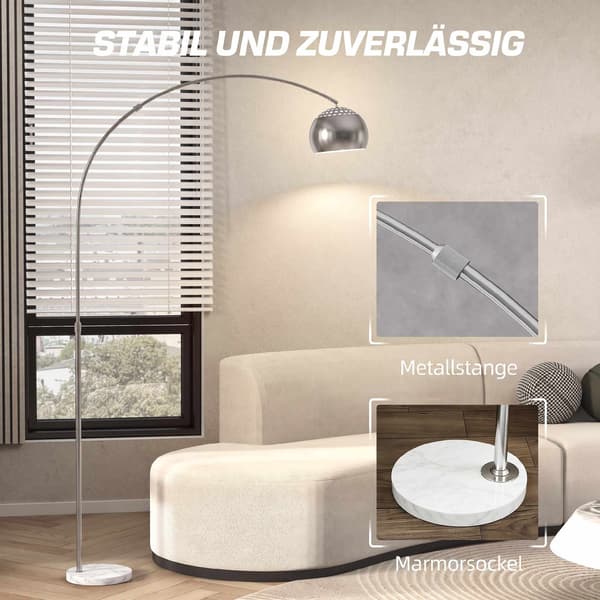 Sølvbuegulvlampe med marmorfod, justerbart hoved