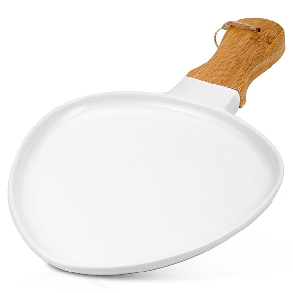 Serveringsfad i porcelæn og bambus med håndtag til snacks