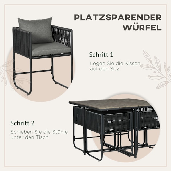 5-delt havemøbelsæt i polyrattan, spisebord med 4 stole og sidebord, stilfuld spisegruppe til altan og have
