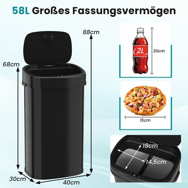 58L sensor skraldespand, dobbeltzone, sort metal