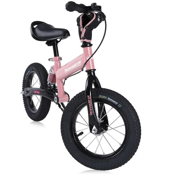 12" lyserød løbecykel med affjedring og stativ