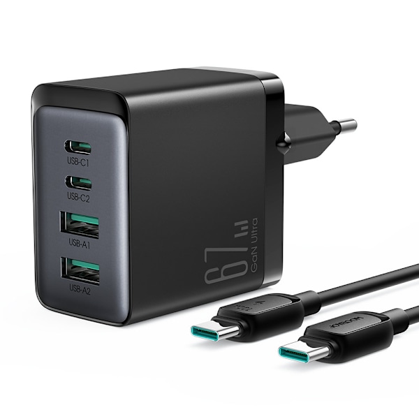 GaN 67W netværksoplader 2x USB 2x USB-C + USB-C kabel 1,2m sort