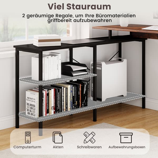 Vändbart L-format skrivbord med hyllor, rustik brun