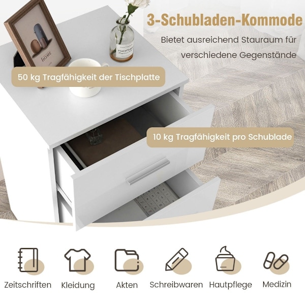 Sengebord med 3 skuffer højglans natbord 37,1 x 34,2 x 66,5 cm hvid