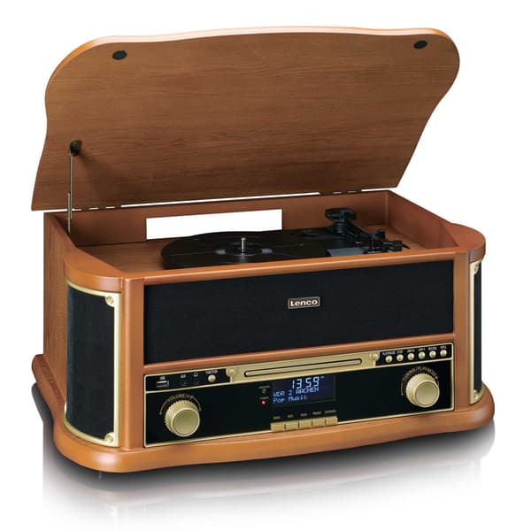 Retro skivspelare i trä med Bluetooth, CD och kassett