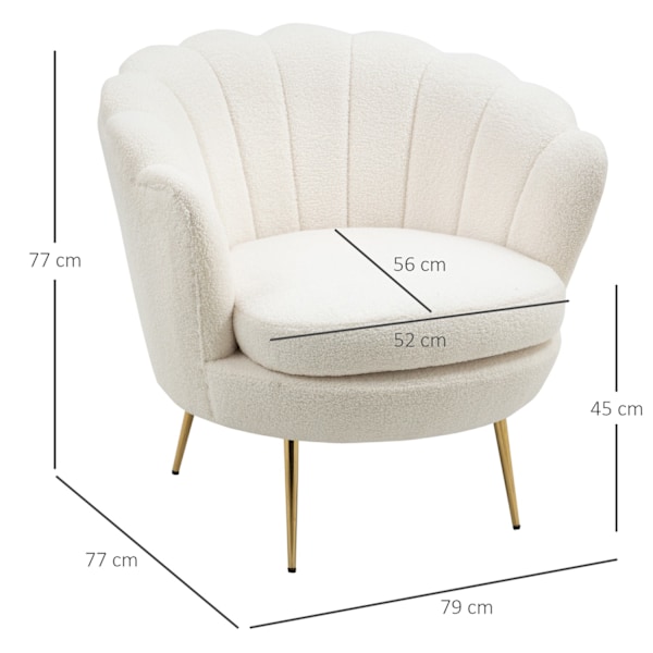 Klädd fåtölj i skalform, fåtölj, relaxfåtölj med metallben, dressingstol med fleecelook, för sovrum, vardagsrum, vit