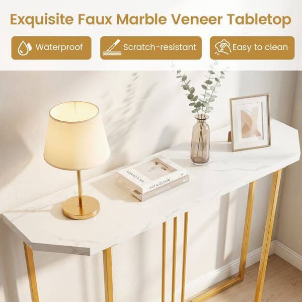Smalt konsolbord, hvid marmorplade, guld geometrisk stel