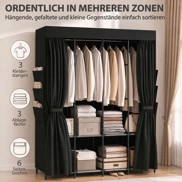 Bærbart stofgarderobe, støvtæt, sort, 170 x 45 x 167 cm