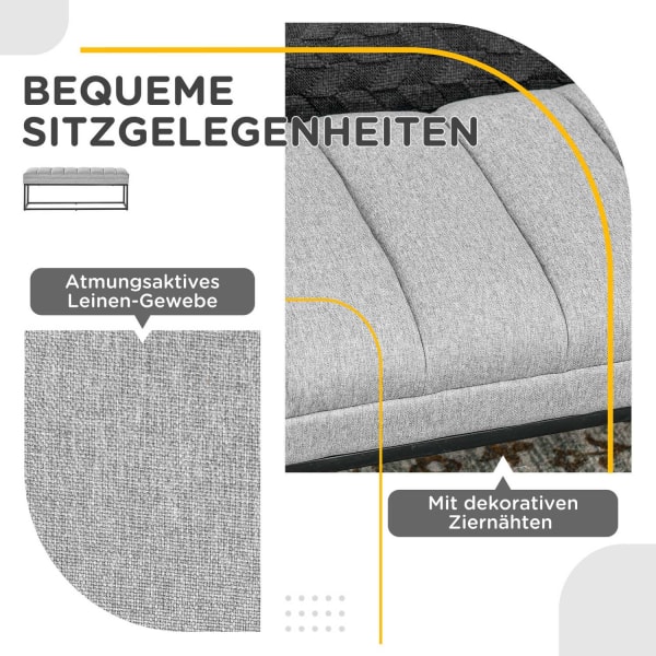 Bænk I Linned Look Polstret Bænk Til Soveværelse, Sengebænk, Påklædningsbænk, Op Til 200 Kg, Stål, Lysegrå, 120X44X45,5 Cm