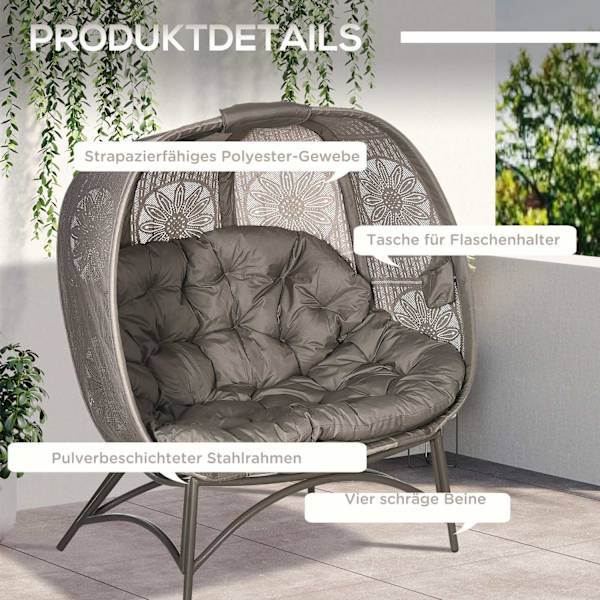Garden Chair 2-Paikkainen Korituoli Kokoontaitettavalla Korilla Papasan-Tuoli Tyynyllä Lepotuoli Parvekkeelle Patiolle Teräshiekka 126 X 75 X 142 Cm
