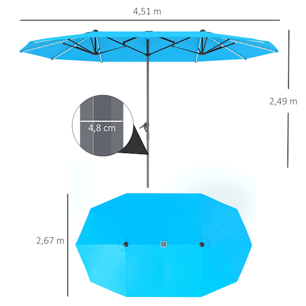 Dobbelt Parasol med Solar LED Lys 451 x 267 cm Aluminium UV 50+ Parasol med Håndsving Balkon Paraply Vindtæt Marked Paraply Solbeskyttelse til Strand