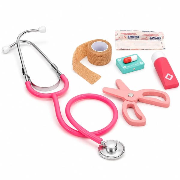 Läkarset i trä för barn, 26-delars medicinskt kit