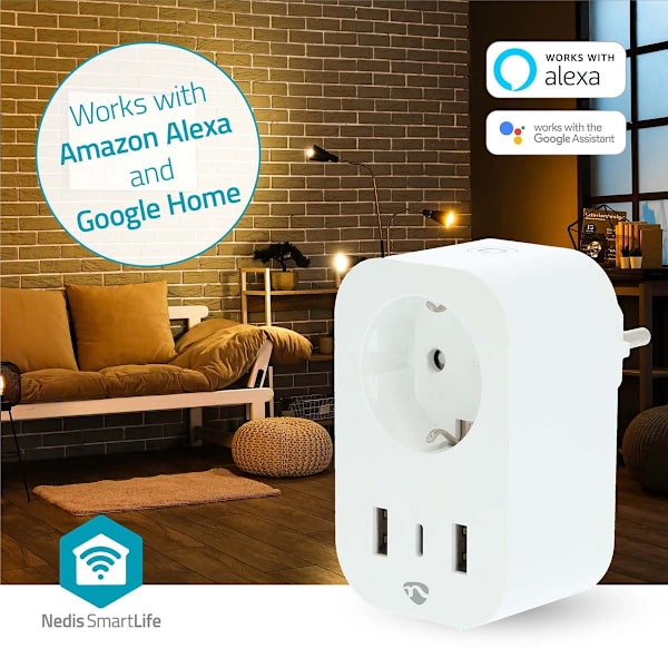 SmartLife Smart Plug | Wi-Fi | IP21 | Effektmåler | 3680 W | Type F (CEE 7/7) / 1x USB-C™ / 2x USB | 0 - 55 °C | Android™ / IOS | Hvid | 1 stk.