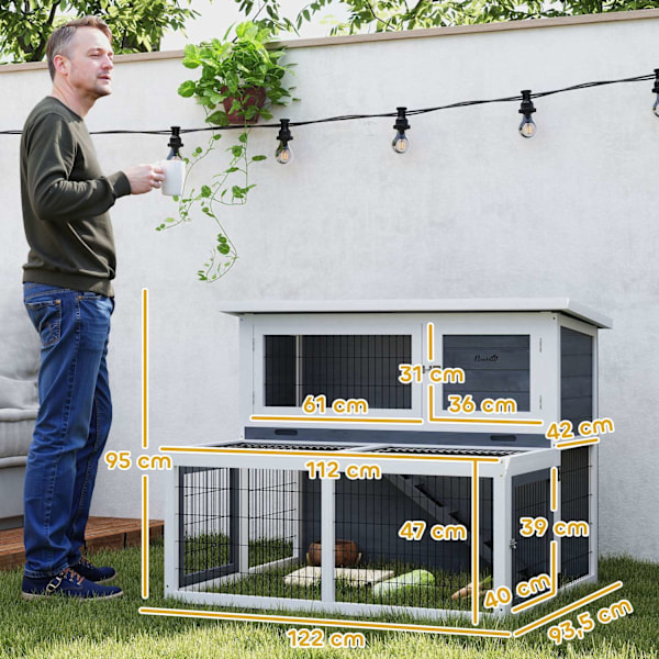 Kaninhydda 2 plan med fällbart tak Kaninhydda av massivt trä Vintertätt dubbeldäckarhus med utomhusinhägnad 122x95x93,5 cm Kaninbur Utomhus liten djur