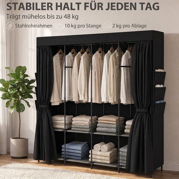 Bærbart stofgarderobe, støvtæt, sort, 170 x 45 x 167 cm
