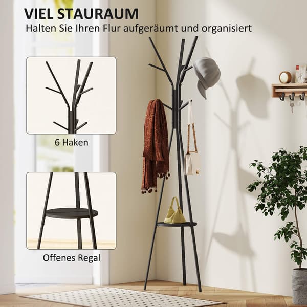 Sort knagerække med hylde og 8 kroge, moderne design