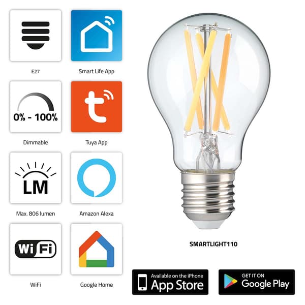 Smart Wi-Fi LED-pære, dæmpbar, E27, 806 lumen