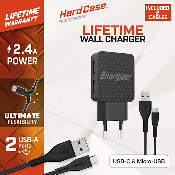 Energizer HardCase - 2x USB-A 12W nätladdare + USB-C & Micro USB