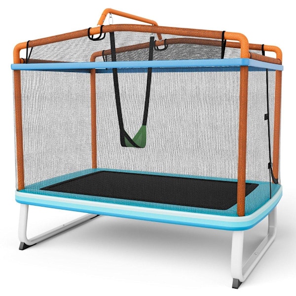 Rektangulär 3-i-1 studsmatta för barn 190 x 124 cm stor fritidsstudsmatta med nät blå + orange