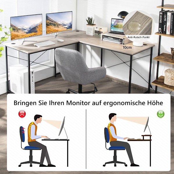 L-format skrivbord med monitorstativ & 3 kabelhål vändbart hörnskrivbord ljusgrå
