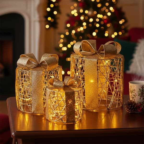 LED-julklappsaskar, guld, set om 3, timerfunktion