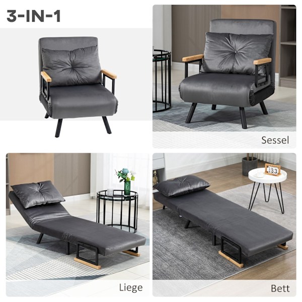 Sovestol, Enkelt Sofa Med Sengefunktion, Afslapningsstol Med Justerbart Ryglæn, Fløjlslook, Mørkegrå