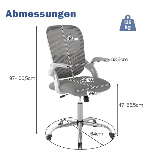 Ergonomisk kontorstol med opklappelige armlæn og vippefunktion
